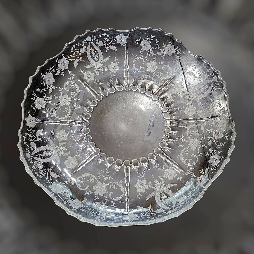 Vintage Forest Damask Etched Glass Large Bowl Elegant Centerpiece‎ Dining dish